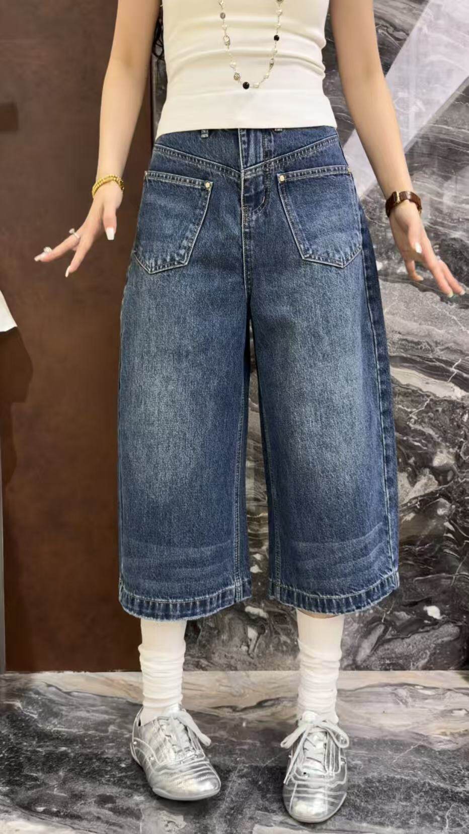 曼曼家2026新款美式复古高腰设计感口袋直筒七分牛仔阔腿裤女潮