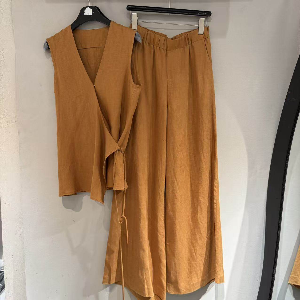 欧洲站2026夏新款欧货职业通勤V领天丝系带马甲+阔腿裤套装0108