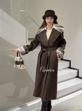 欧洲站2025冬新款时尚翻领拼接水貂毛皮毛一体长款毛呢外套25352