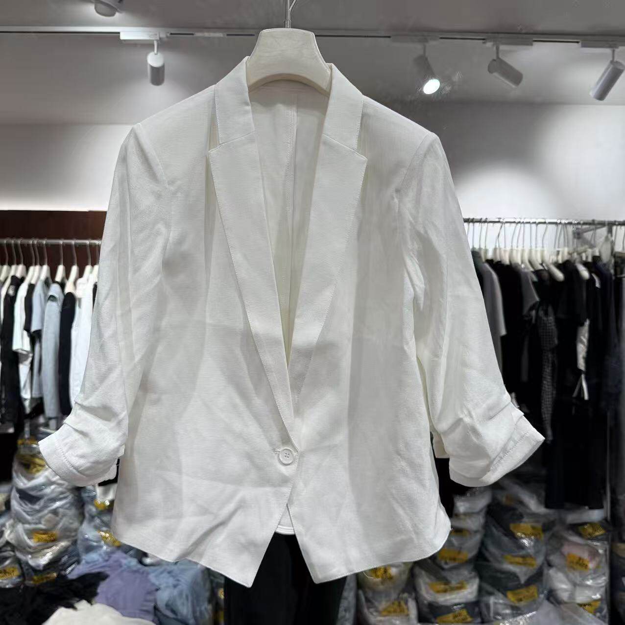 欧洲站2026新款欧货气质通勤一粒扣褶皱七分袖百搭西装外套28618