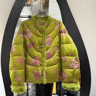 欧洲站2025冬款圆领人丝提花拼接水貂毛百搭新中式鹅绒服外套6121