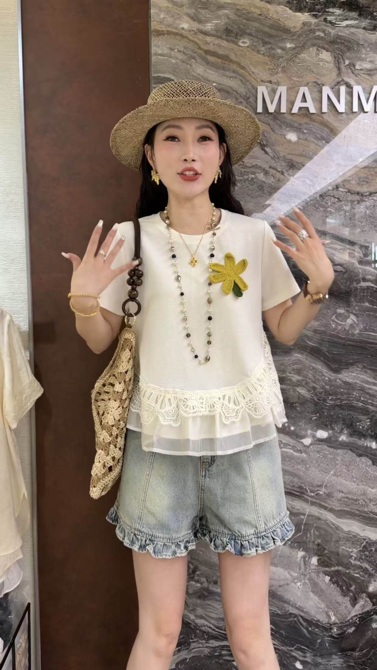 曼曼家2026新款欧货时尚针织立体花朵圆领蕾丝网纱洋气短袖上衣
