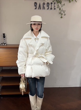 欧洲站2025冬新时尚翻领系带收腰显瘦中长款羽绒服外套女36337