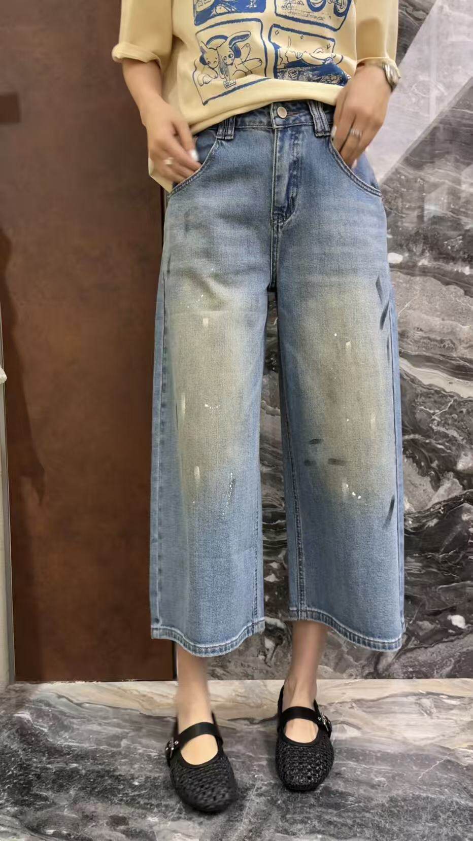 曼曼家2026新款欧货高腰做旧泼墨涂鸦宽松阔腿休闲牛仔裤八分女潮