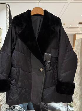 欧洲站2025冬款气质皮毛一体天丝麻提花百搭宽松皮毛鹅绒服86223