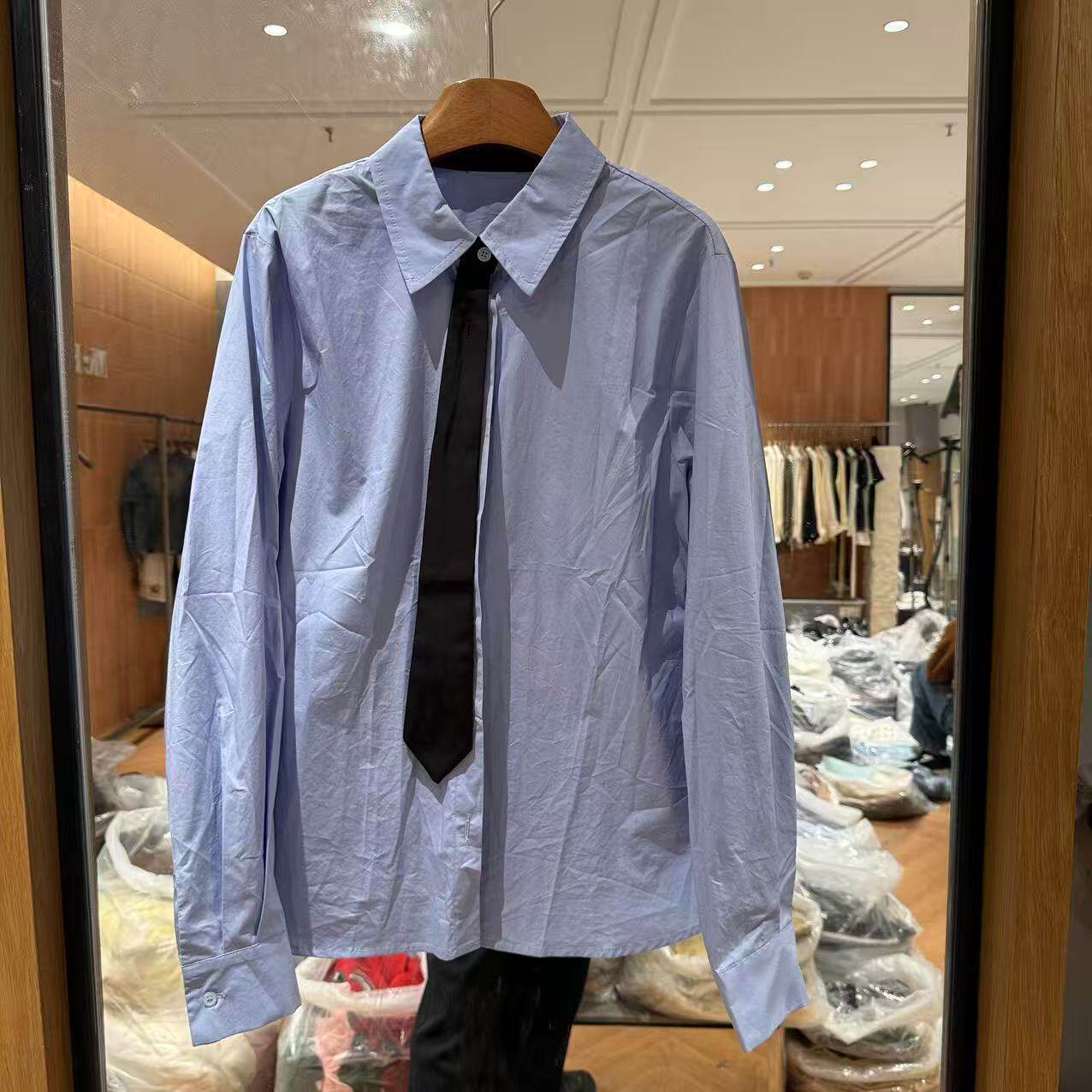 欧洲站2026春季新款韩版学院风领带装饰时尚纯棉小个子衬衫女1375