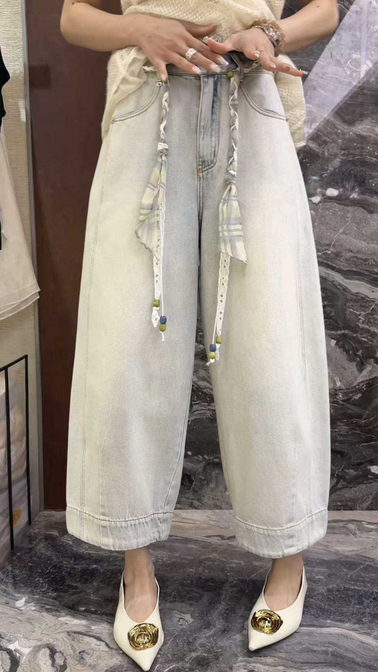 曼曼家2026春新款浅色系编织腰带垂感高腰直筒阔腿八分牛仔裤女