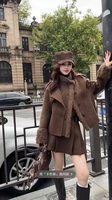 欧洲站2025秋冬新款欧货拼接颗粒翻领单排扣百搭高端短款羊毛外套