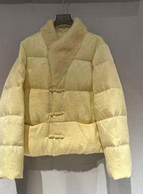 欧洲站2025冬新水貂毛领编织盘扣提花显瘦精致新中式鹅绒服15244