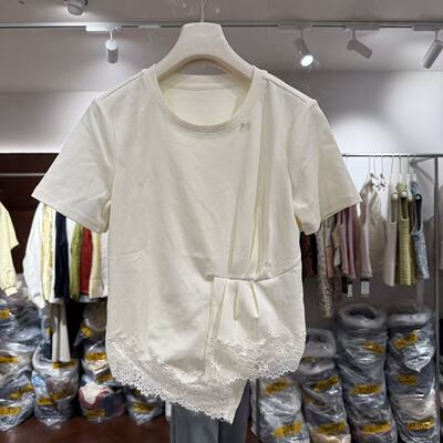 欧洲站2026春新款欧货圆领蕾丝花边不对称压褶洋气短袖上衣18103