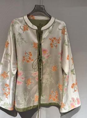 欧洲站2025冬新圆领中式韵彩浮雕提花系带开衫改良唐装外套26151