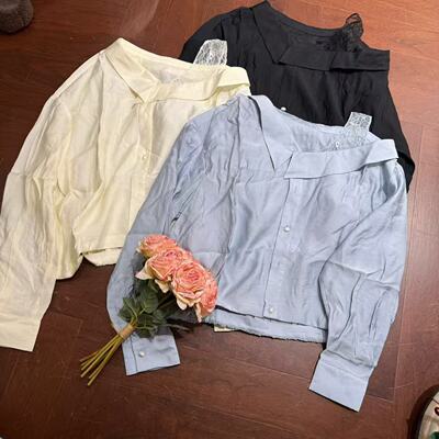 欧洲站2026新款欧货法式蕾丝拼接漏肩翻领洋气百搭长袖衬衫18318