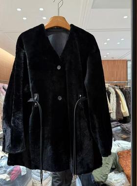 欧洲站2025冬新款V领时尚皮腰带拉贡绵羊皮高端定制皮草女25803