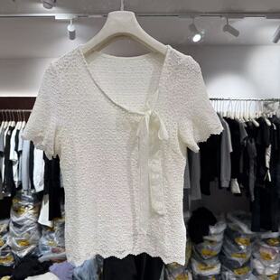 268012 蕾丝衫 欧洲站2026新款 欧货韩系设计感斜领系带甜美减龄短袖