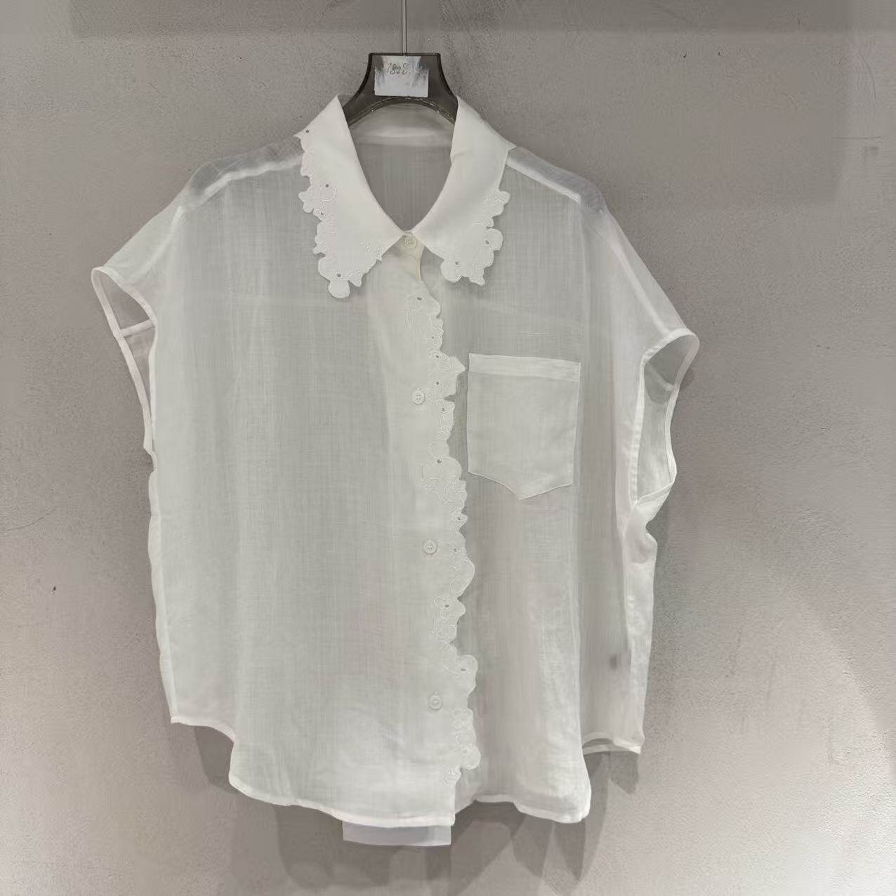 欧洲站2026夏新欧货减龄花边翻领单口袋洋气苎麻无袖衬衫262X363