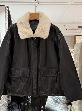 欧洲站2025冬新款欧货水貂毛翻领双口袋绵羊皮鹅绒保暖皮衣99168