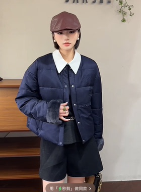欧洲站2025冬新款时尚翻领拼接水貂毛袖口短款羽绒服外套女89655
