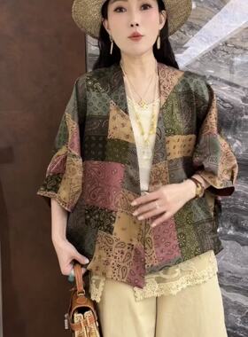 曼曼家2026夏新款欧货时尚开衫宽松复古提花七分袖外搭上衣女8680