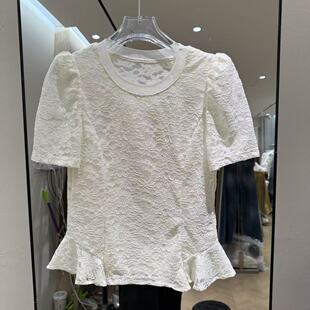 洋气蕾丝小衫 圆领下摆荷叶边百搭泡泡袖 6081 法式 欧洲站2026新款