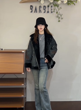 欧洲站2025冬新时尚翻领牛仔水貂毛重工刺绣国风羽绒服外套86576