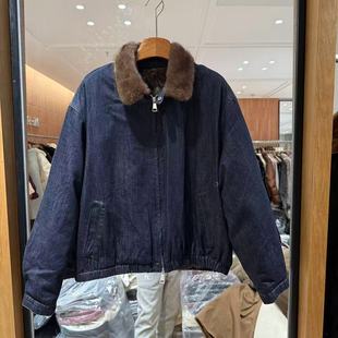 欧洲站2025冬新时尚翻领双头拉链水貂毛鹅绒牛仔夹克外套25Z0861