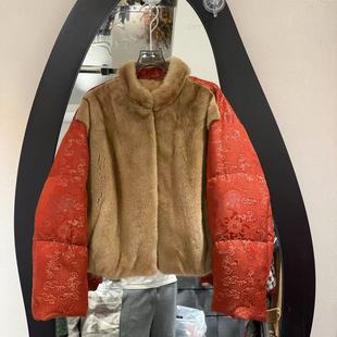 欧洲站2025冬新款 立领撞色提花拼接水貂高级感国风鹅绒服5071 时尚