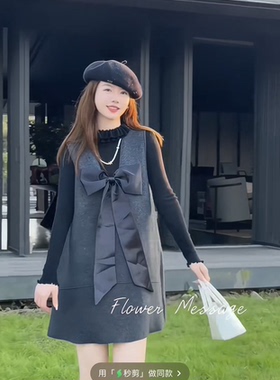 欧洲站2025冬新时尚圆领拼接大蝴蝶甜美可爱少女韩系连衣裙55381