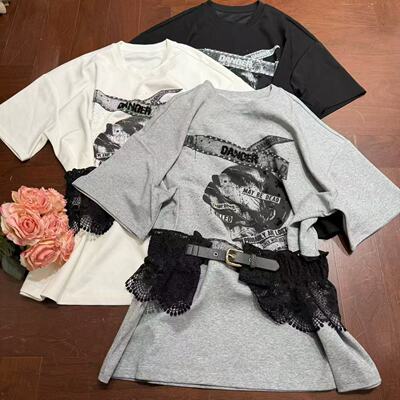 欧洲站2026新款欧货美式高街圆领蕾丝腰封时髦印花大版T恤26263