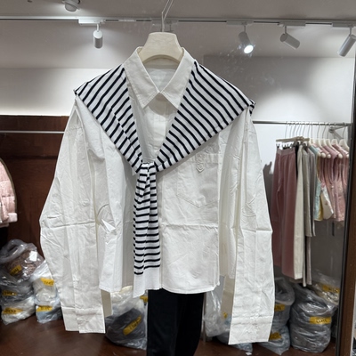 欧洲站2026春季新款欧货披肩条纹拼接假两件休闲风宽松衬衫68013