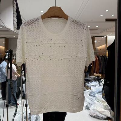 欧洲站2026新款欧货时尚钉珠圆领镂空钩花针织短袖显瘦上衣121075