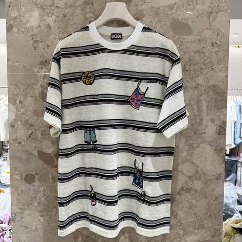 欧洲站2026新款欧货时尚减龄圆领条纹卡通刺绣大版短袖T恤XX162