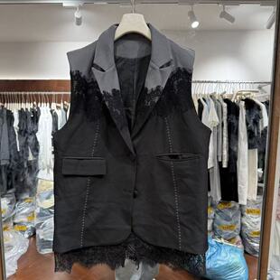 时髦长款 欧洲站2026新款 领明线个性 蕾丝拼接西装 马甲0102 欧货时尚