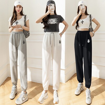 2025春夏新款华夫格运动女裤高腰系绳宽松九分束脚裤韩版卫裤批发