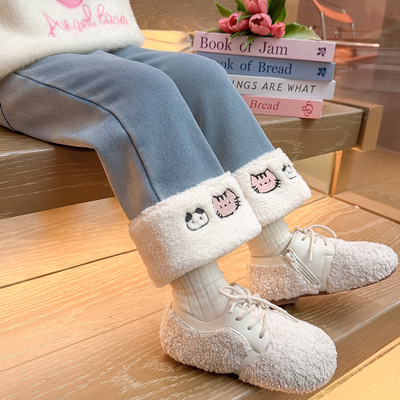 超好看女童加绒牛仔裤一体绒裤子