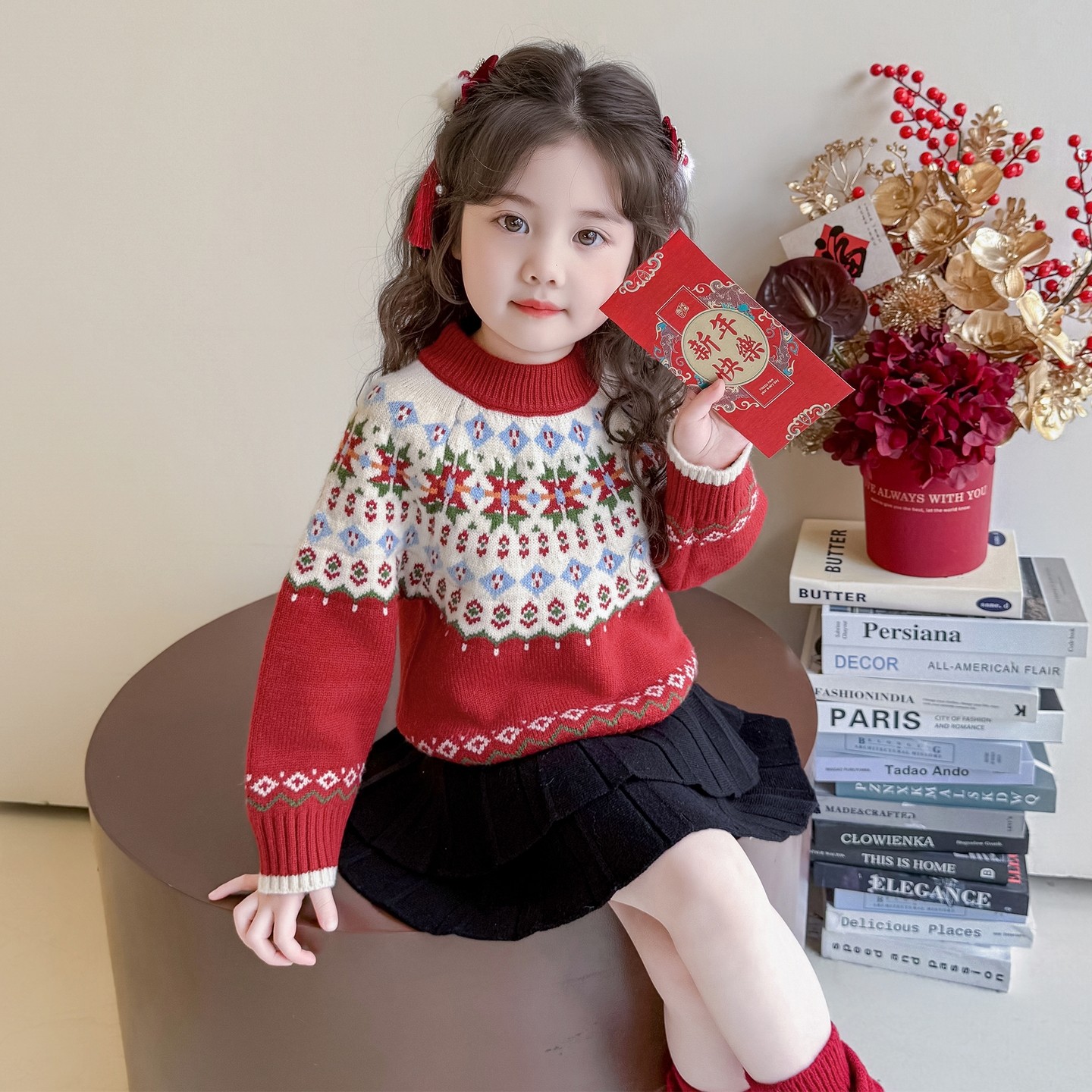 女童红色毛衣冬季加厚圣诞新年儿童衣服女宝宝冬装内搭打底衫上衣