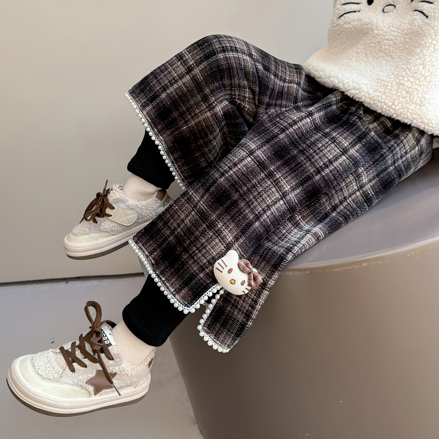 超好看假两件阔腿裤女童加绒裤子