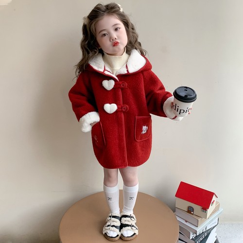 女童毛呢外套秋冬季加绒呢子大衣