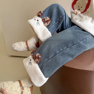 女宝宝加厚一体绒牛仔裤 女童加绒裤 阔腿裤 超好看儿童冬装 子秋冬季