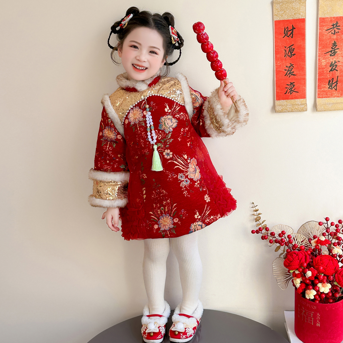 拜年服女童冬装汉服连衣裙新年装