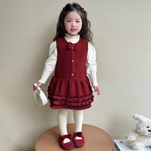 红色公主裙 女宝宝冬装 女童连衣裙秋冬季 小香风儿童加绒背心裙套装