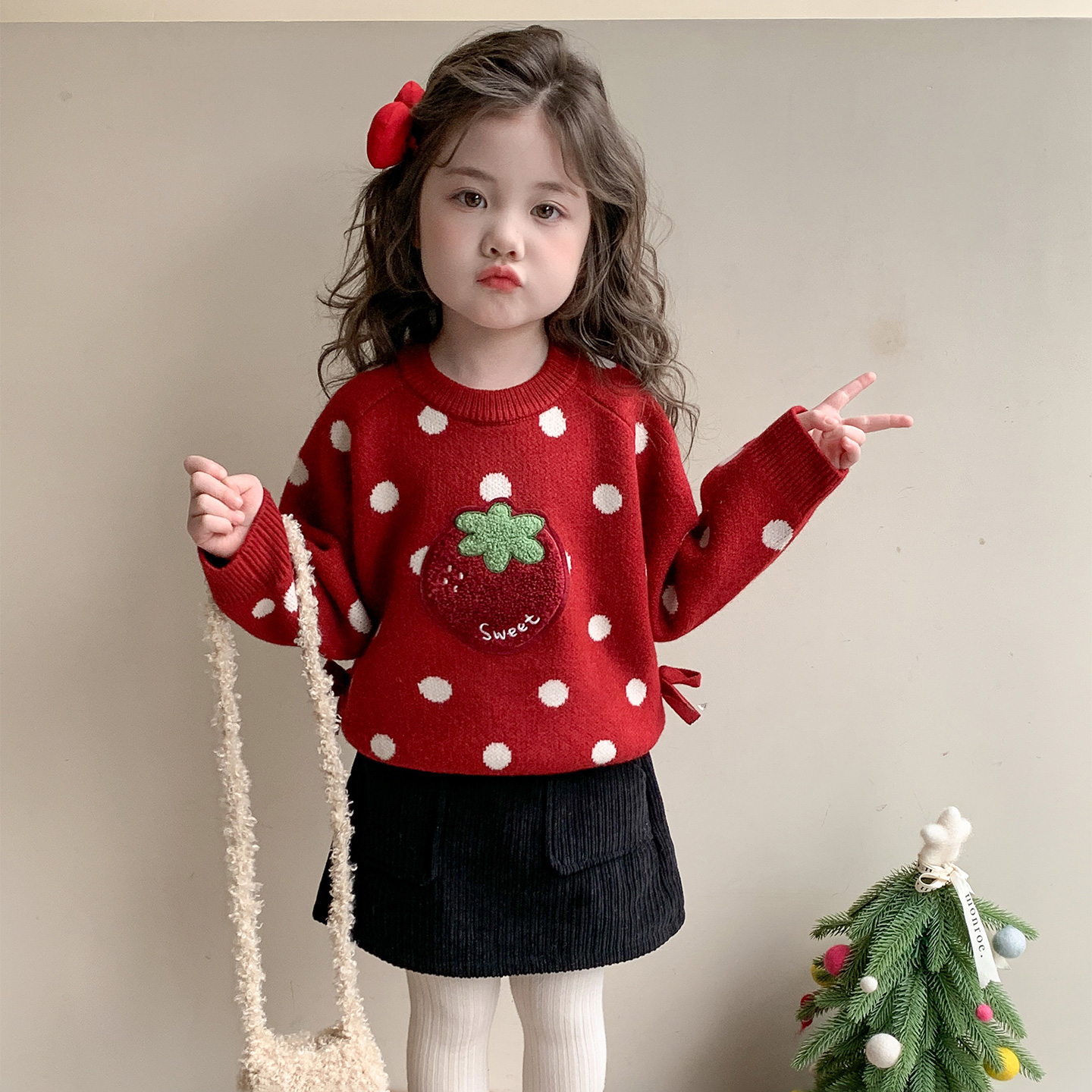 女童毛衣2025新款秋冬季加厚儿童针织打底衫宝宝冬装内搭红色上衣