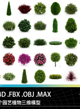C4D FBX OBJ园艺设计灌木植物树球花球女贞紫色红色花朵三维模型