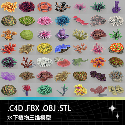 C4D FBX OBJ STL海底世界生物珊瑚带材质贴图三维模型设计素材