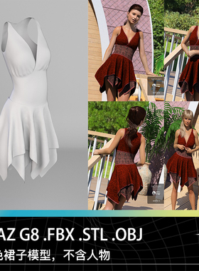 FBX STL OBJ DAZ G8女性红色裙子服饰低胸深V连衣裙短裙三维模型