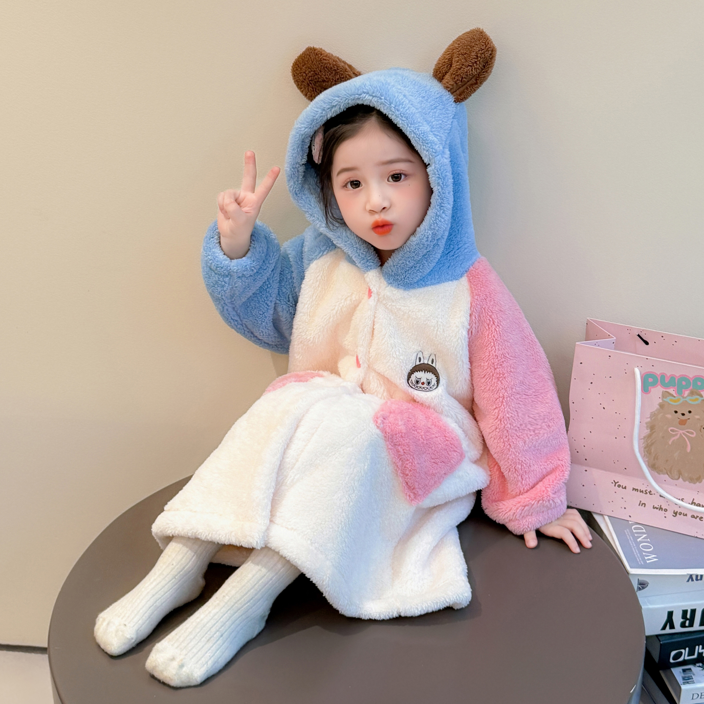 女童珊瑚绒睡衣冬季保暖睡袍小女孩公主连帽家居袍女宝宝加厚浴袍