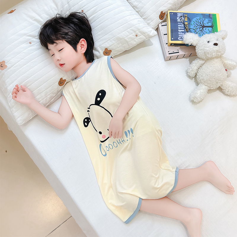 儿童莫代尔睡衣夏季薄款睡裙男童连体护肚家居服男孩宝宝空调服夏