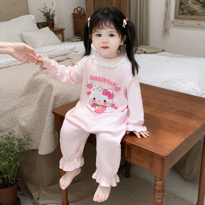 女童纯棉睡衣秋季儿童小女孩公主花边连体家居服宝宝防踢保暖睡袋