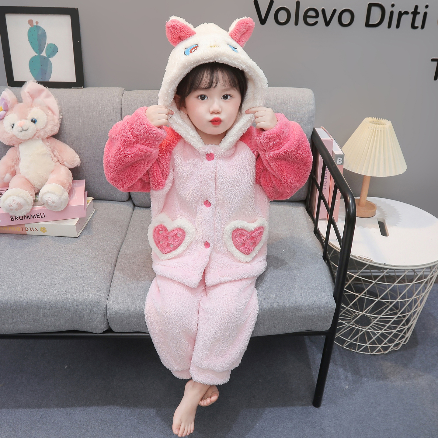 女童珊瑚绒睡衣冬季女孩加厚保暖家居服连帽套装女宝宝卡通衣服冬