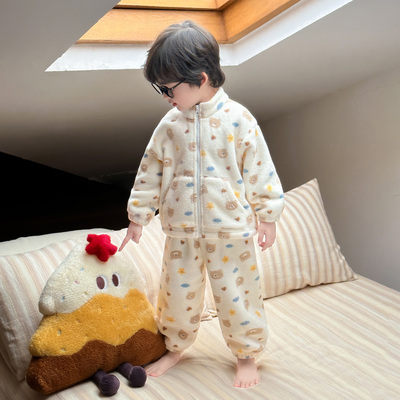 男童睡衣冬2025新款儿童加厚开衫家居服保暖套装男孩珊瑚绒睡衣冬