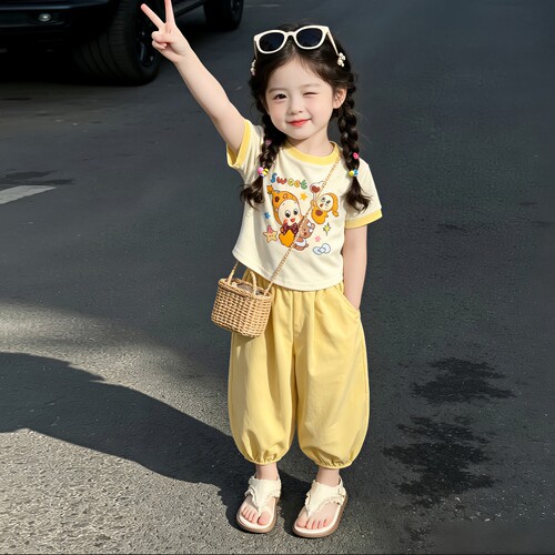 女童夏装时髦套装2026新款儿童卡通短袖防蚊裤两件宝宝韩版衣服夏